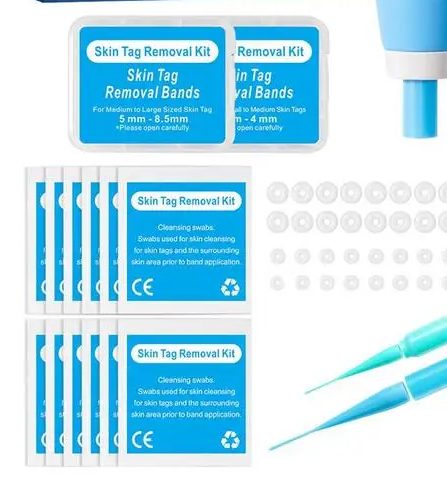 Both band cases, the swab sachets and the two applicator tips. The bands are rubber, which matters if you react to it.